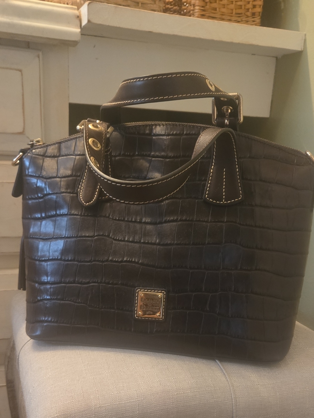 Dooney & Bourke Black Croc-Embossed Leather Tote with Gold Hardware